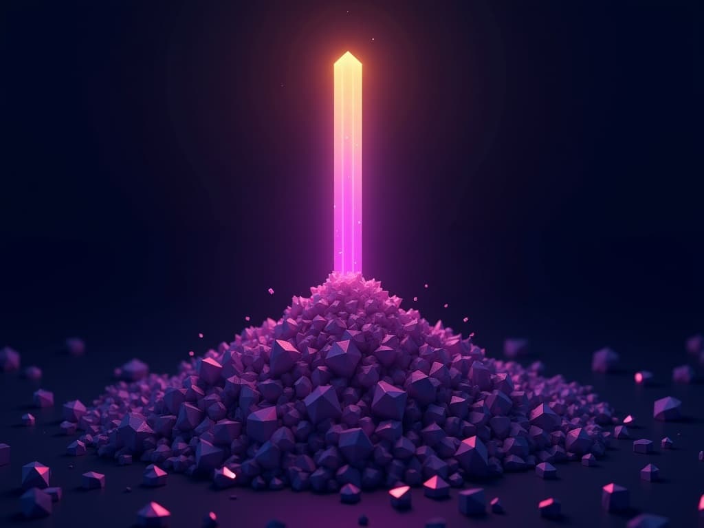 Dense wide base of small fragments compressing upward into a single tall luminous column at apex