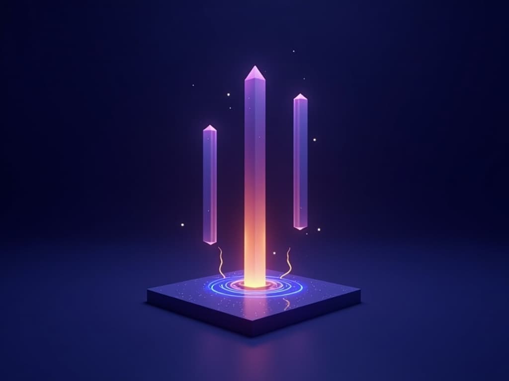 Three ascending prisms of increasing height fracturing a flat ceiling slab, the tallest glowing amber at the breakthrough point