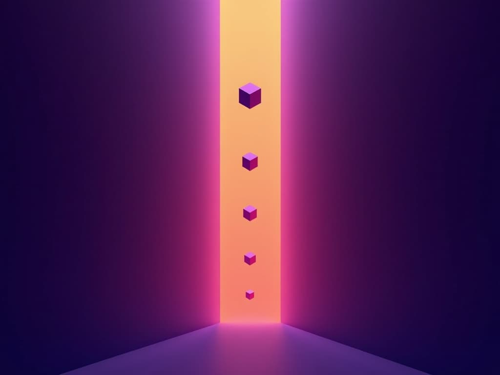 Two converging purple walls compressing toward an apex while amber light radiates upward through the corridor floor below