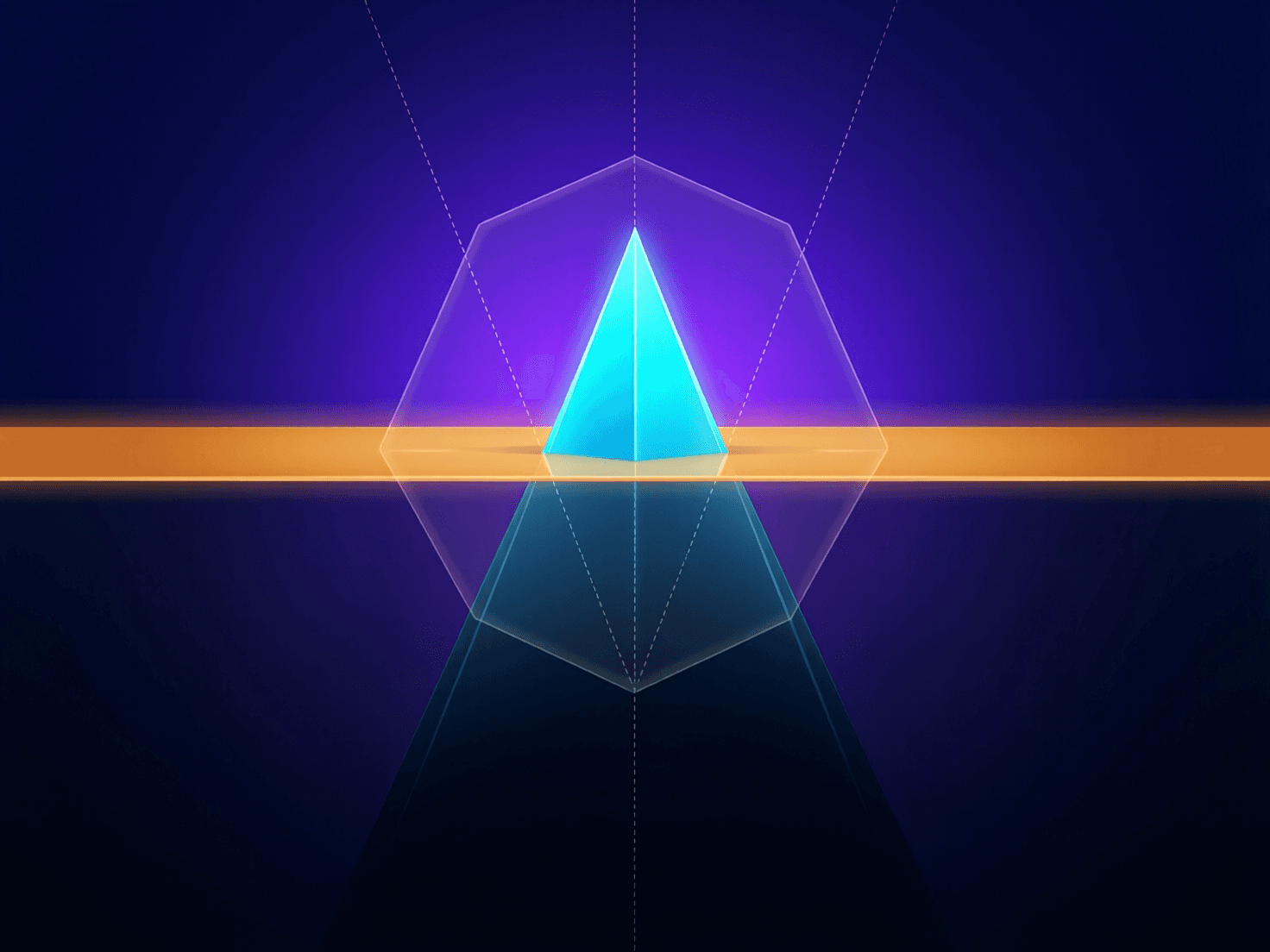 Small cyan tip visible above amber plane while massive dark submerged geometry pushes against frame walls