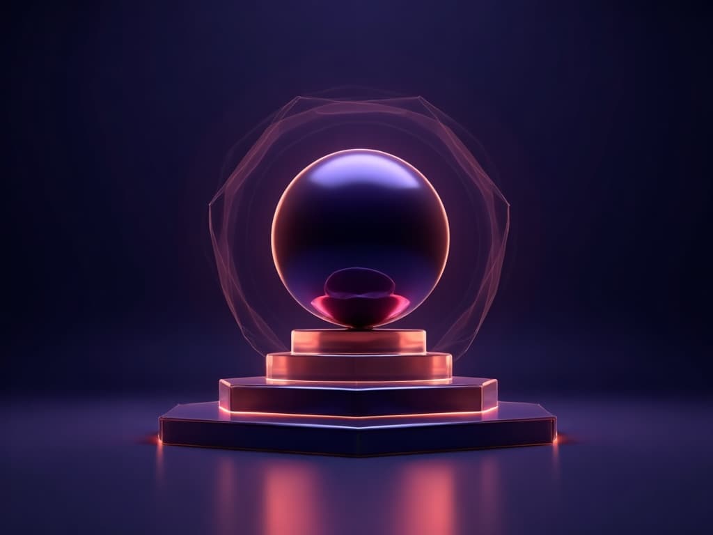 Purple sphere at apex of amber geometric platform with radiating translucent halos