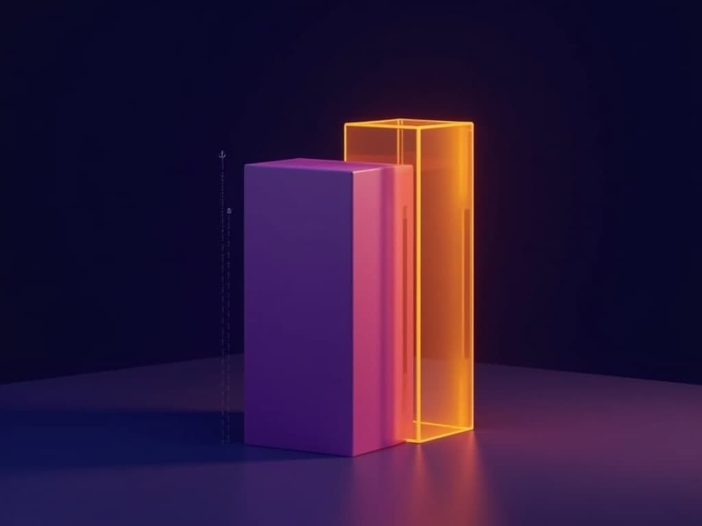 Tall amber slab eclipsing a shorter purple slab, with shadow cast leftward across dark background