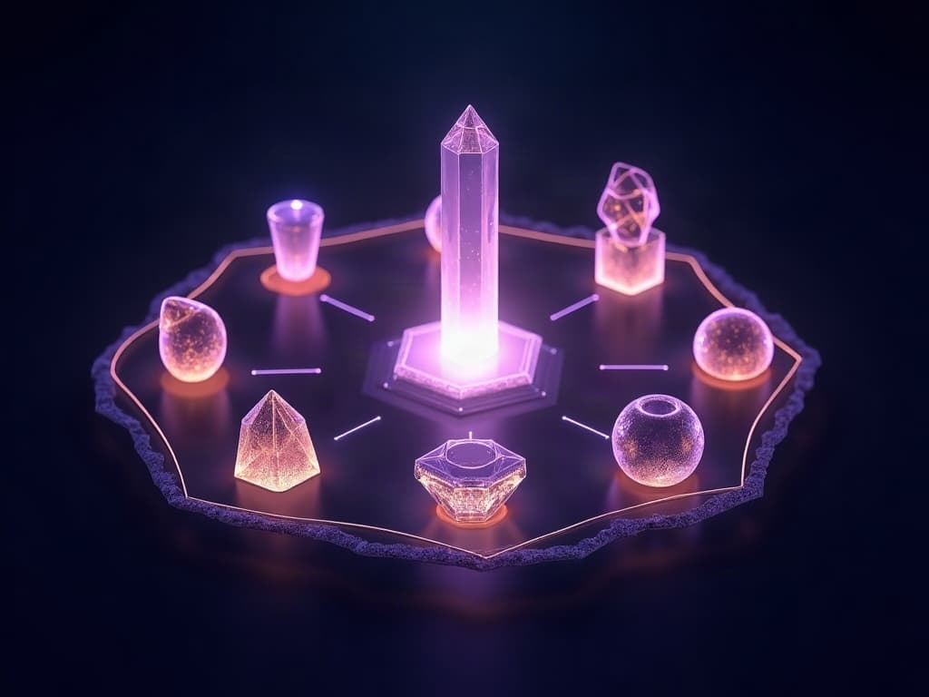 Eight different crystalline forms orbit one bright core, joined by spokes