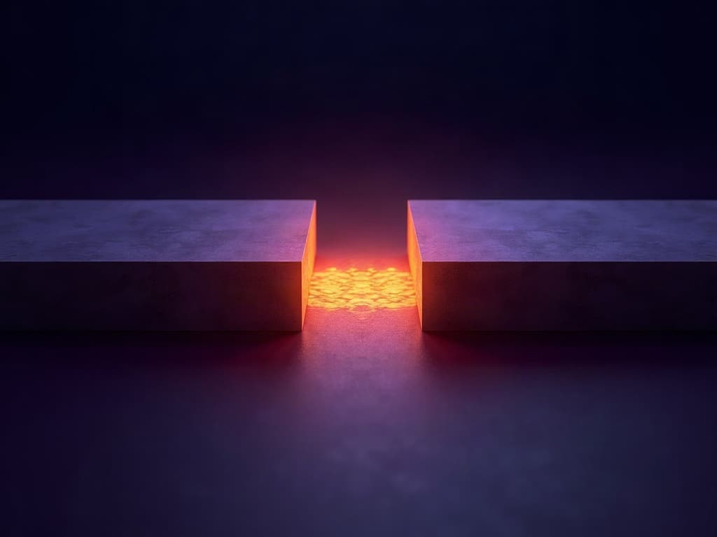 Two converging horizontal slabs separated by an amber gap above a shared foundational ridge