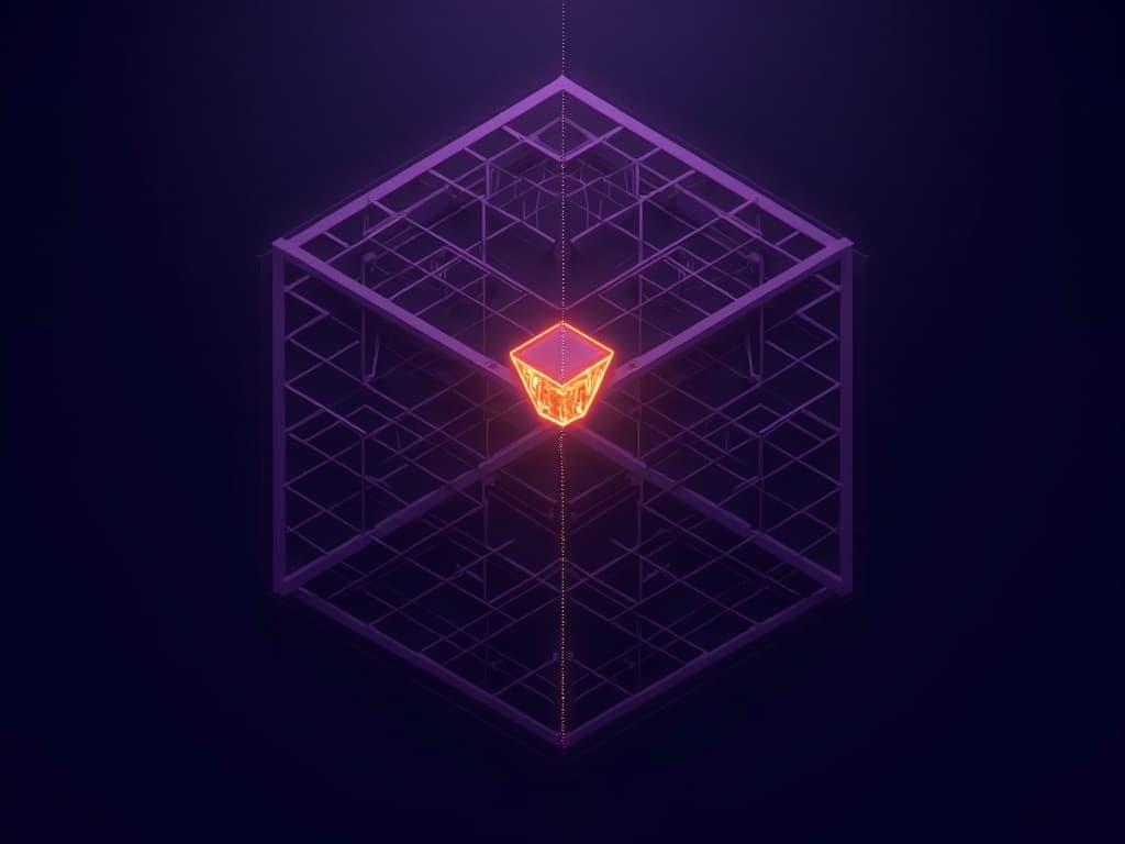 A purple scaffolding lattice radiating from a central amber wedge junction on dark navy background
