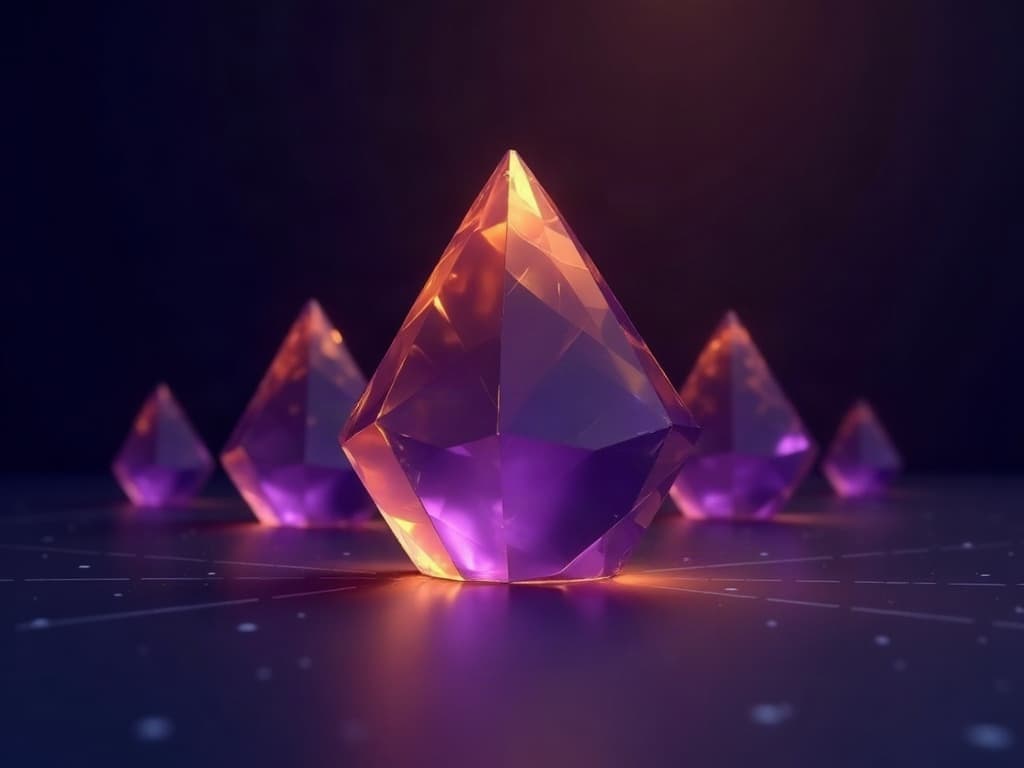 One large amber prism dwarfing four smaller purple prisms in a receding arc