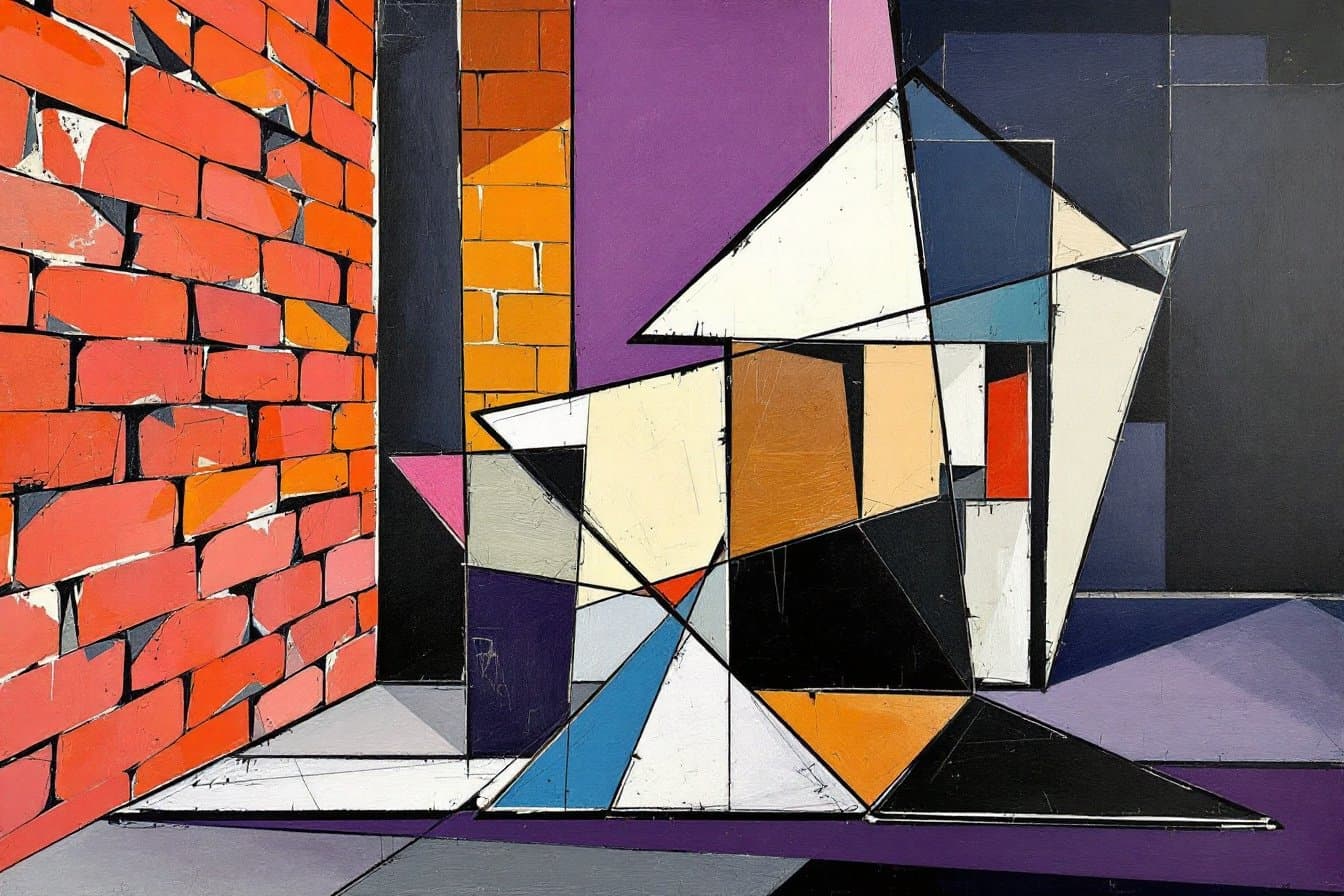 Cubist painting of a house of cards beside a solid brick wall