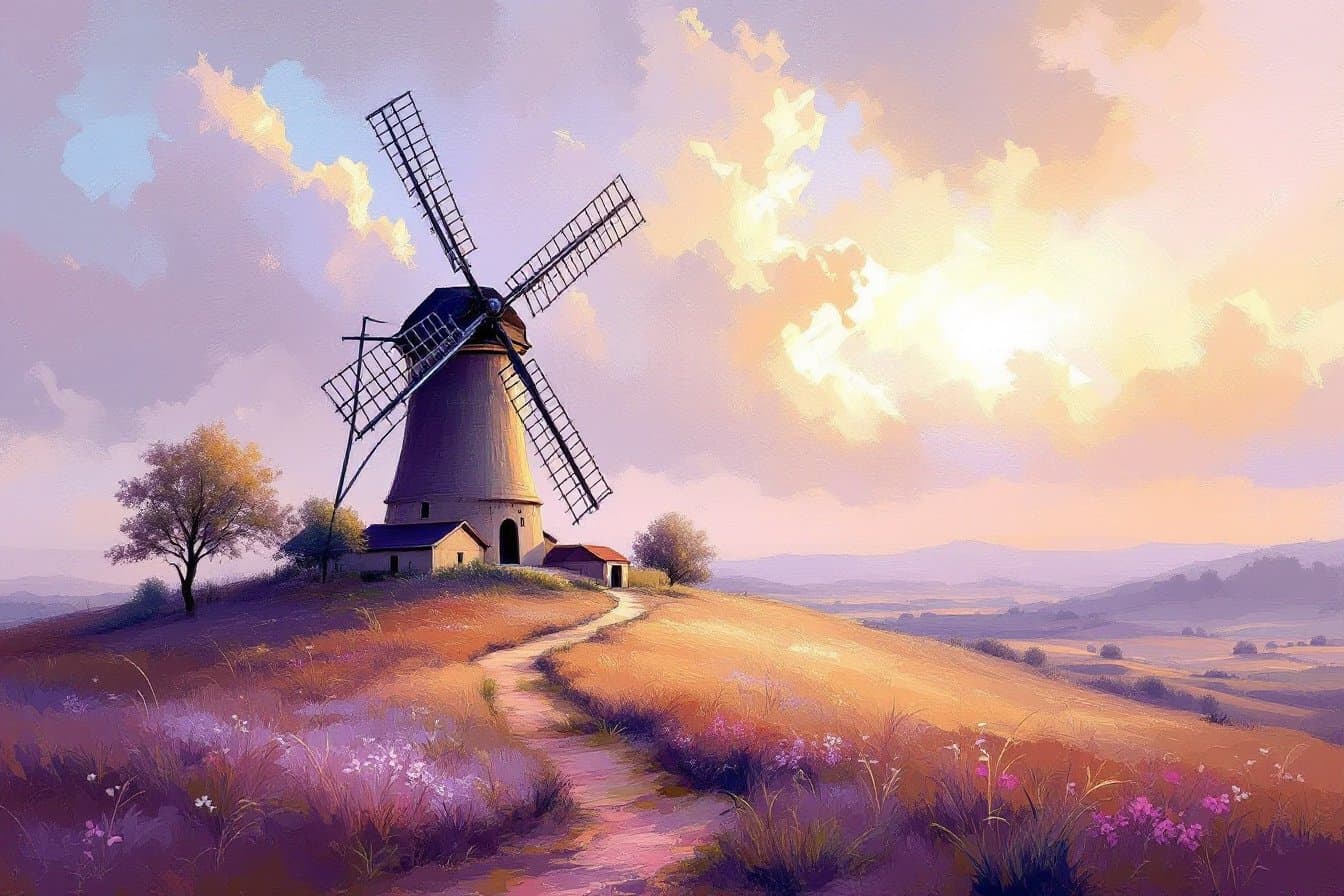 Impressionist windmill on a hill under gathering clouds at dawn