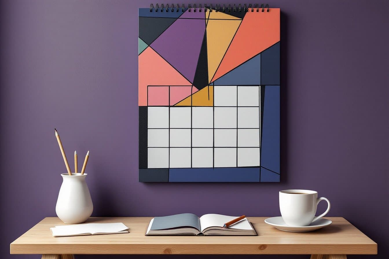 Cubist still life of a blank calendar grid, pencil, coffee and notebook