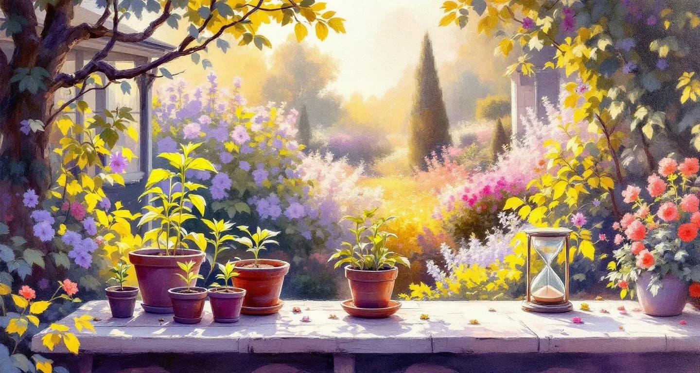 Impressionist garden growing from seedlings to full bloom, with an hourglass on a table