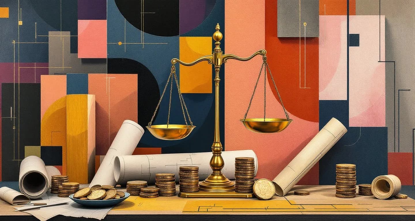 Cubist still life of a balance scale weighing coins against building blocks and blueprints