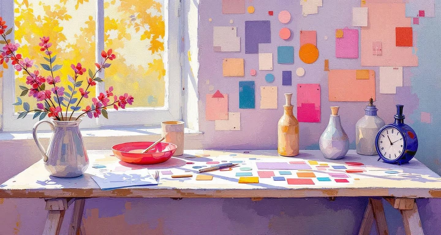 Impressionist atelier table where paper cut-outs are arranged into a phone-shaped collage
