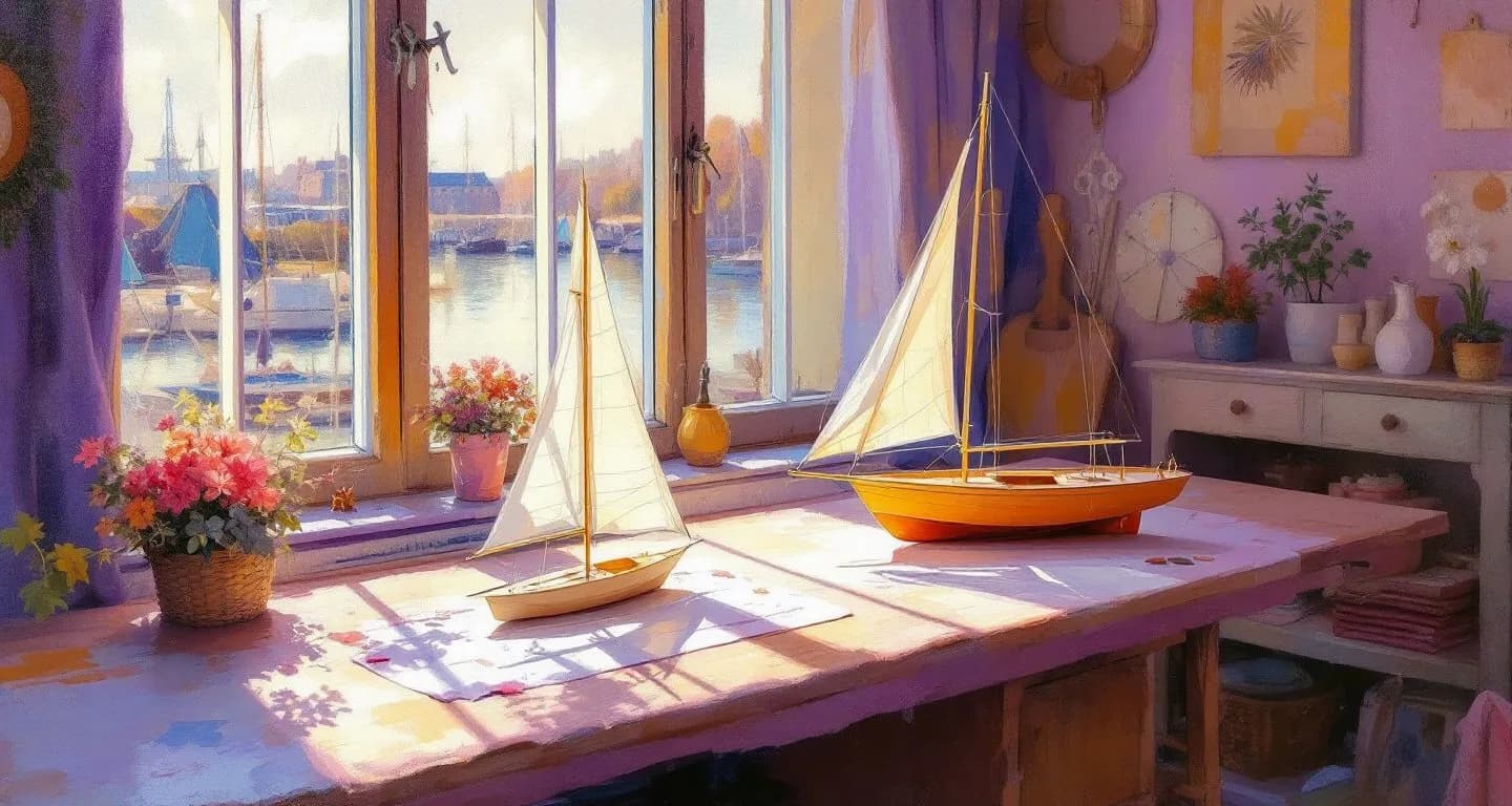 Impressionist painting of a paper sailboat model beside a finished wooden sailboat on a sunlit workshop table