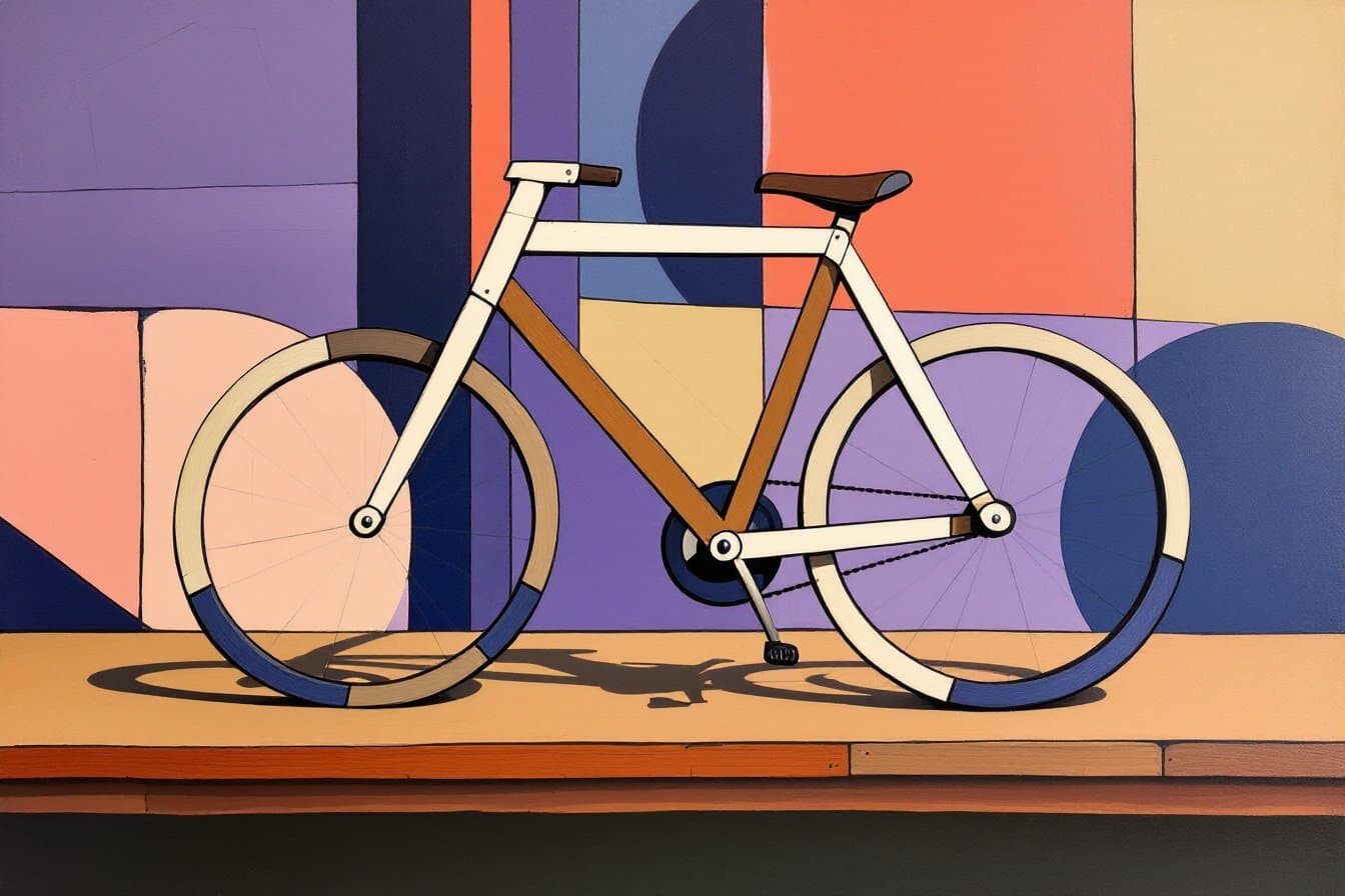 Cubist painting of a bare, simple bicycle: the smallest version that still works