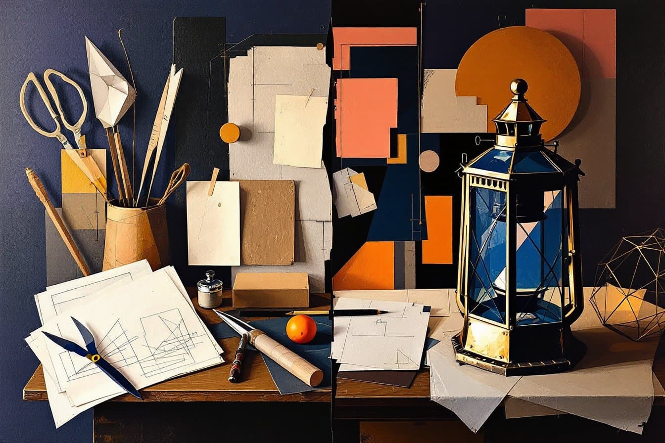 Cubist still life contrasting paper sketches and a cardboard model with a working brass lantern