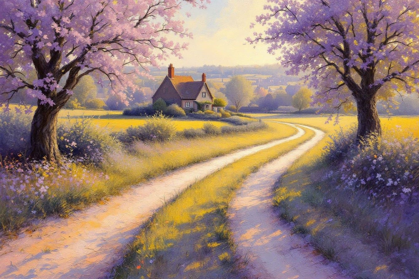 Impressionist painting of a path forking toward a studio cottage and a market town at sunrise