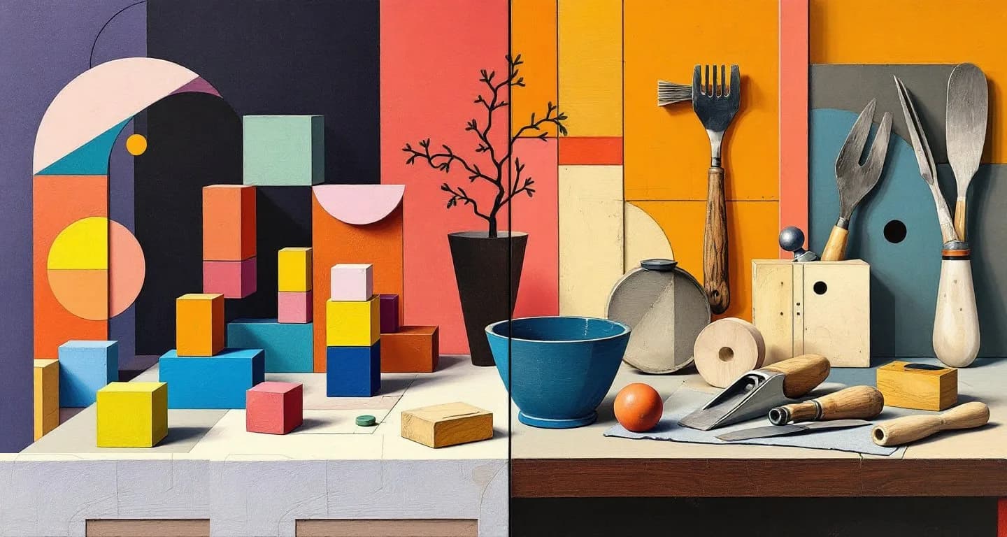 Cubist still life contrasting toy building blocks with carpenter's tools and planed wood