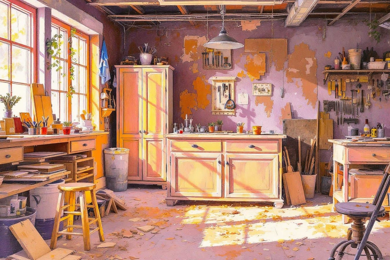 Impressionist carpentry workshop with a custom cabinet being built