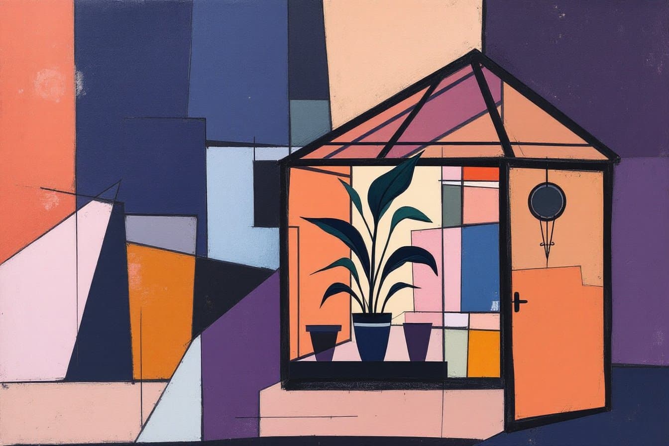 Cubist painting of a plant outgrowing a small glass greenhouse