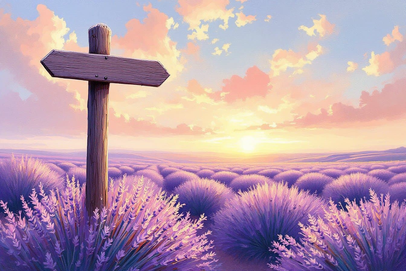 Impressionist lavender field with a blank signpost at a crossroads