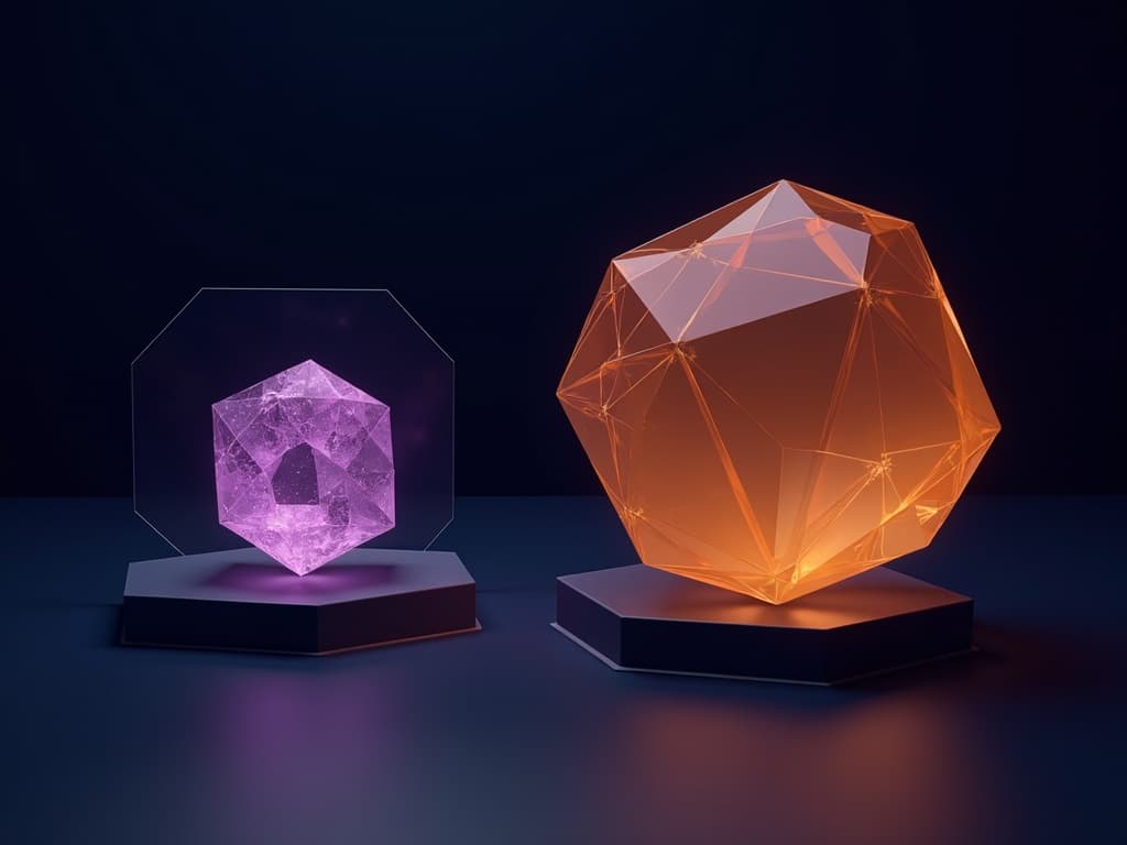 Small compact form on a thin substrate beside a larger faceted polyhedron on a heavier substrate.