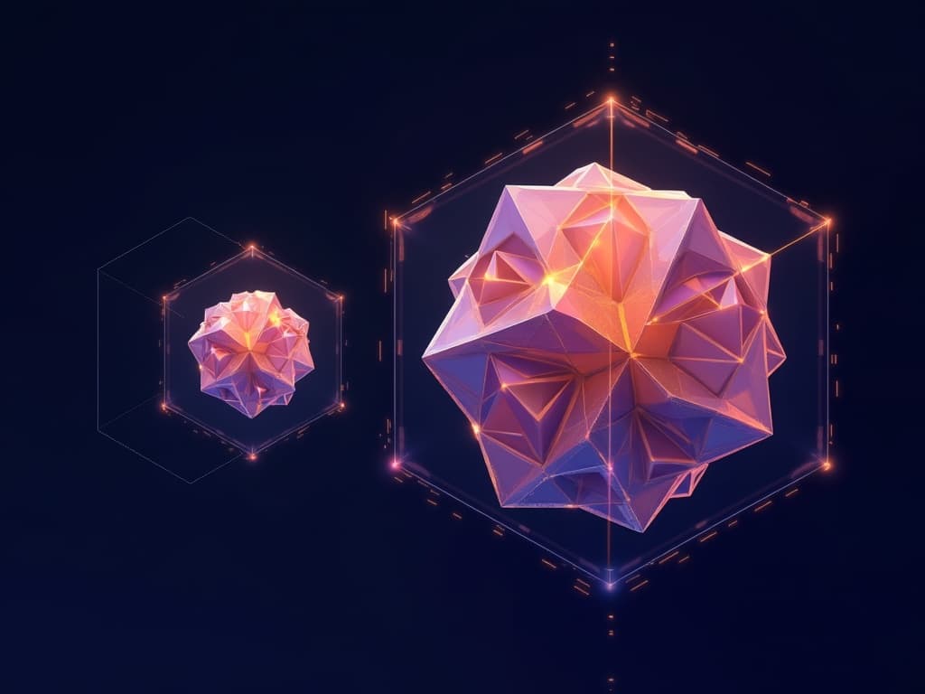 Two geometric assemblies side-by-side — a tiny crystalline form and a large faceted polyhedron — within one frame.