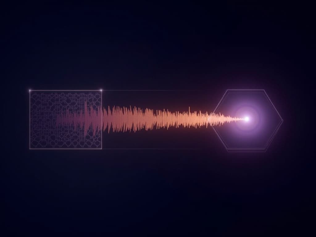 Translucent mosaic plate and horizontal bar ribbon flowing into a single luminous spherical merger point on the right.