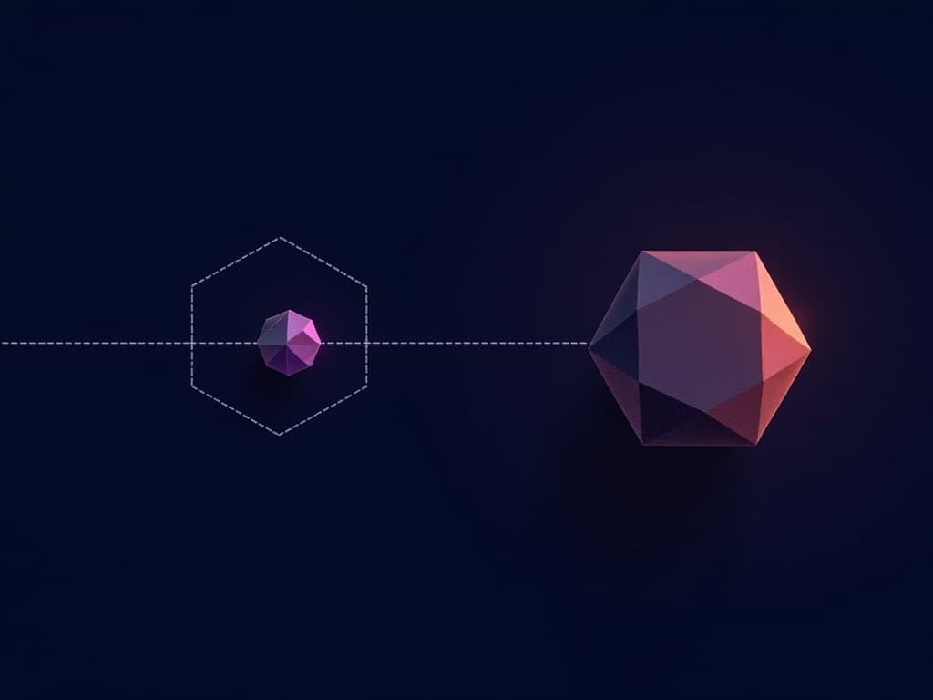 A small anchor on the left with two pathways — one to a nearby compact assembly, one to a distant larger polyhedron at the right.