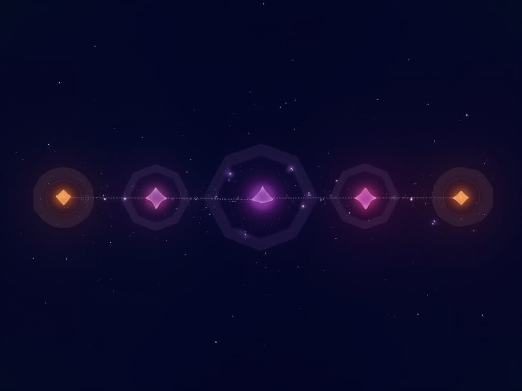 A horizontal chain of small geometric nodes with several larger luminous decision points near the middle.