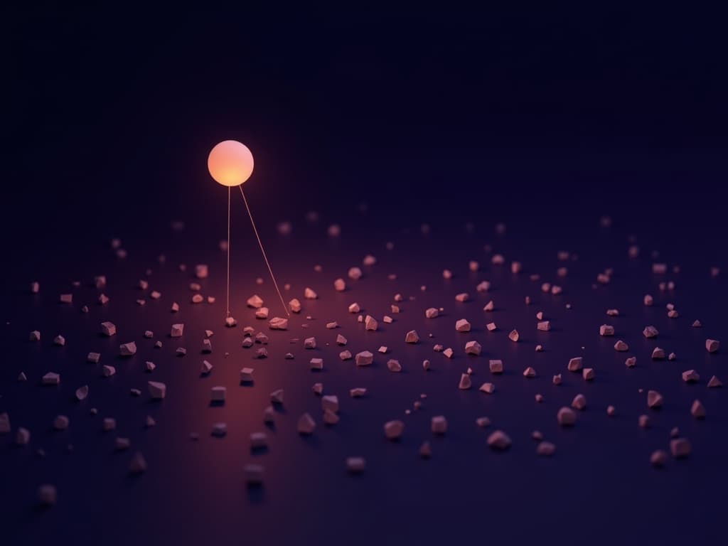 A small luminous orb hovering upper-left, casting connection lines down to a wide field of small unmarked geometric shapes.