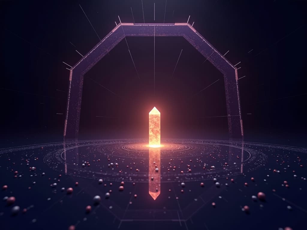 A small luminous central crystal dwarfed by a vast surrounding architecture extending outward in every direction.