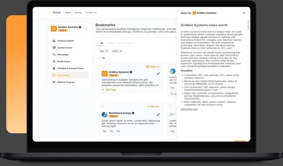 PovNexus shown on laptop device mockups — the venture-intelligence platform: Growth Engine company ranking, a company profile, the investor (venture-capital) detail view, and the bookmarks workspace with notes. screen 5