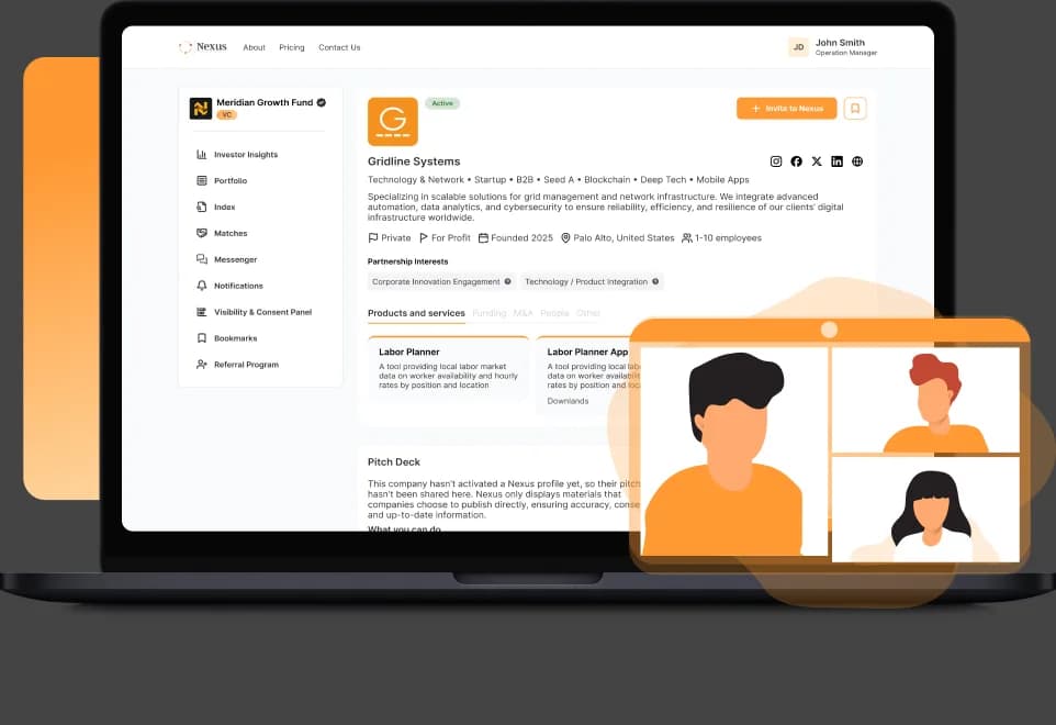 PovNexus shown on laptop device mockups — the venture-intelligence platform: Growth Engine company ranking, a company profile, the investor (venture-capital) detail view, and the bookmarks workspace with notes. screen 3