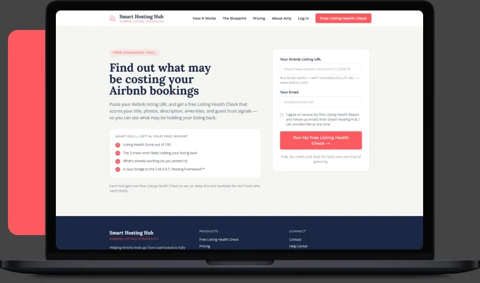 SmartHostingHub shown on device mockups — the composed laptop+phone cover, the host dashboard with eight AI tools, the free Listing Health Check page, and the AI-tools onboarding. screen 3
