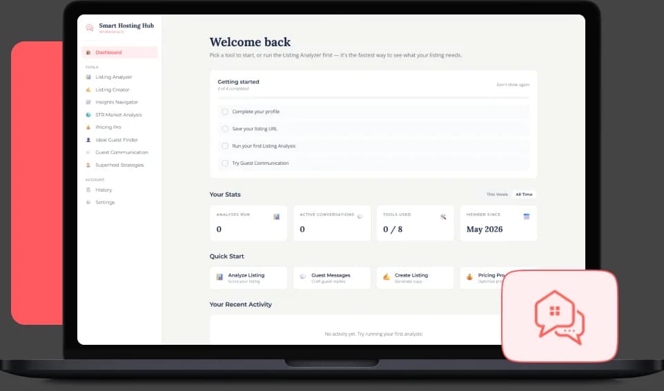 SmartHostingHub shown on device mockups — the composed laptop+phone cover, the host dashboard with eight AI tools, the free Listing Health Check page, and the AI-tools onboarding. screen 2