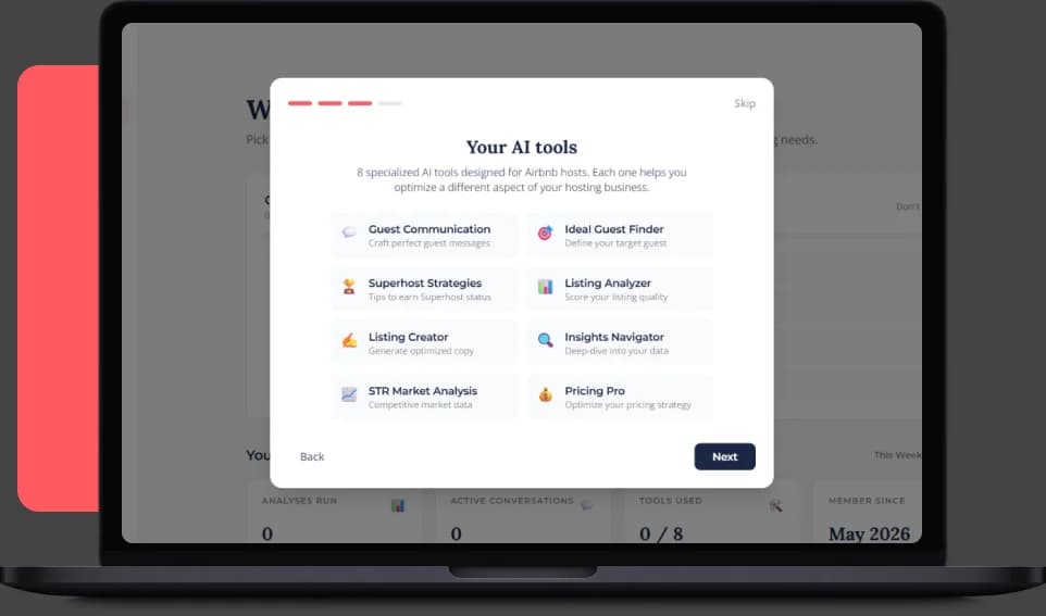 SmartHostingHub shown on device mockups — the composed laptop+phone cover, the host dashboard with eight AI tools, the free Listing Health Check page, and the AI-tools onboarding. screen 4