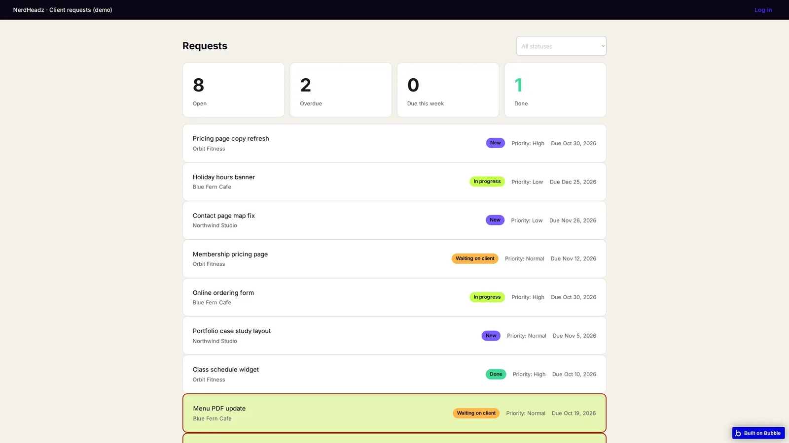 The demo app the agent built: a client request tracker with click-to-filter stat cards. The live app (demo mode, fictional data).