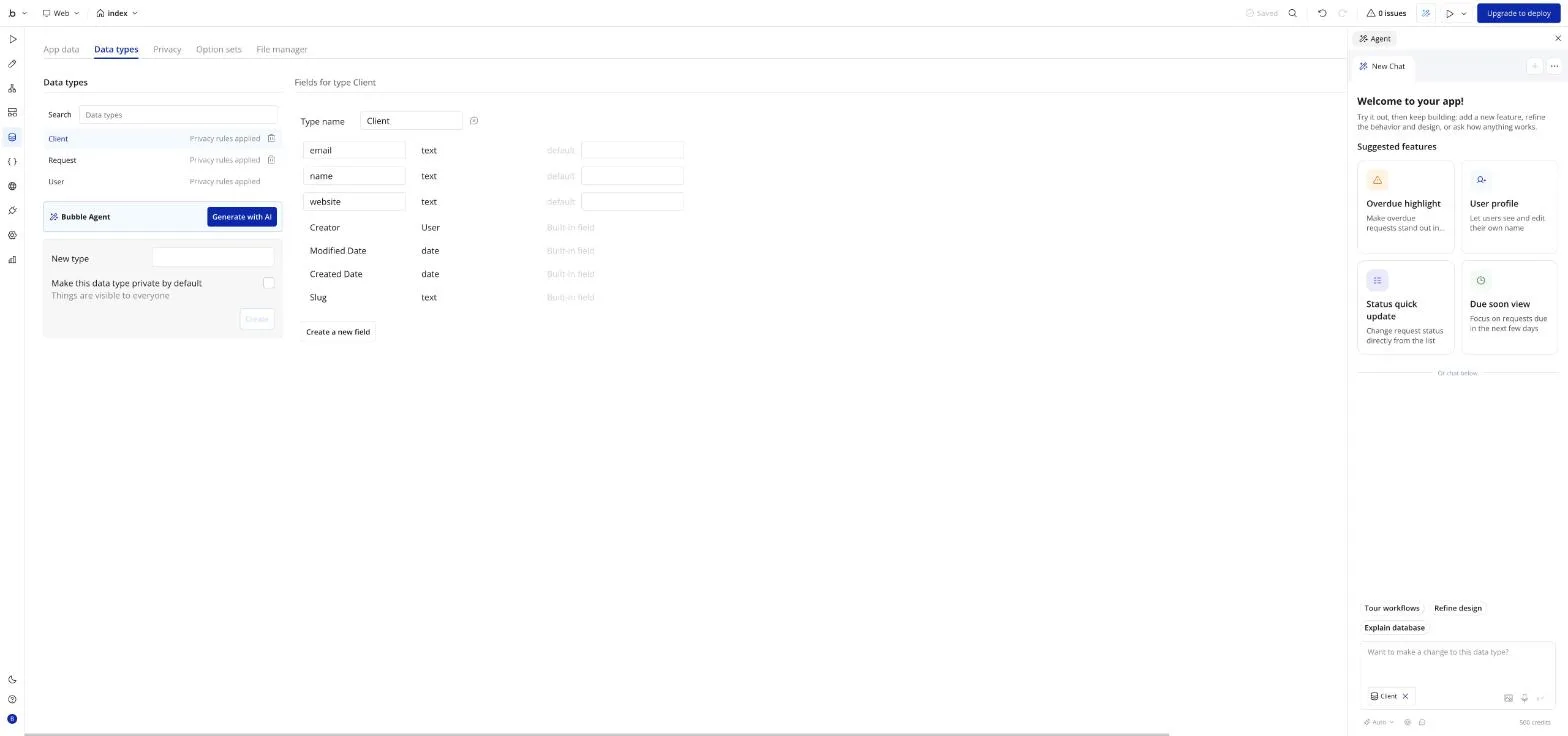 Data types created through the MCP, as they appear in the editor. Data tab: Client and Request types with privacy rules applied.