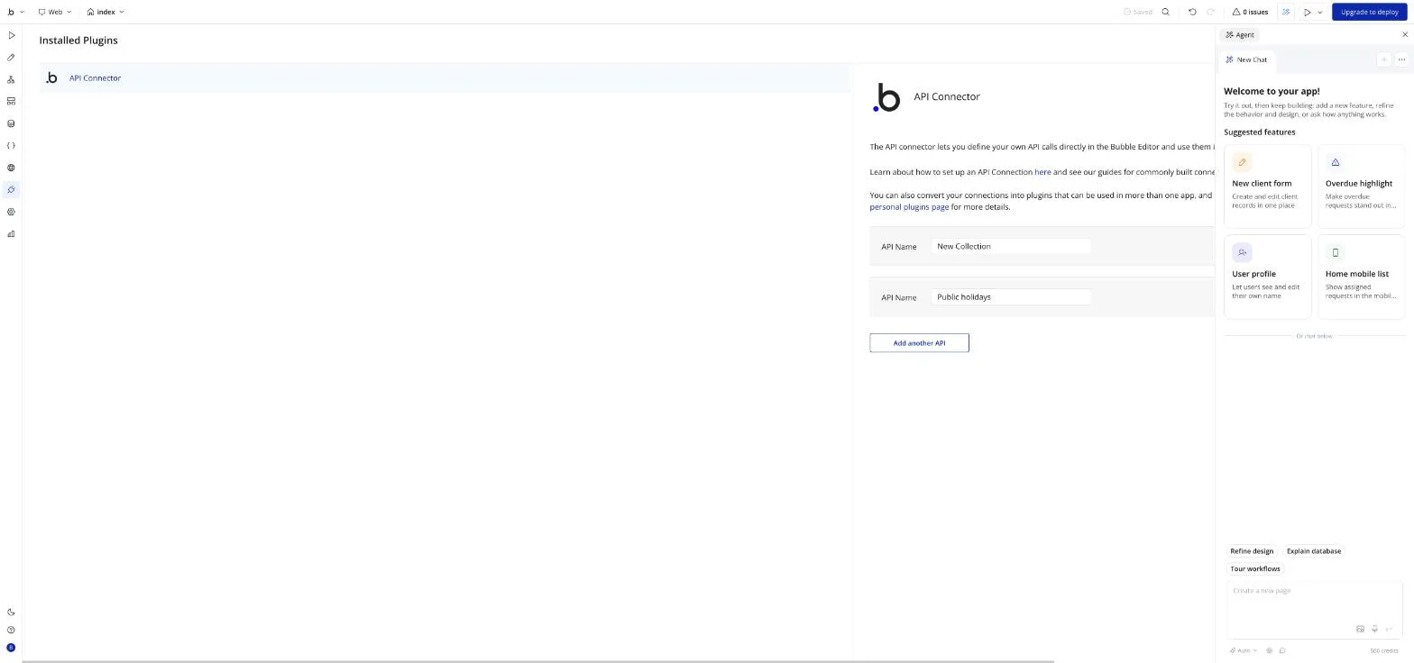 The API Connector collection the agent created and initialized. Plugins tab: API Connector with the "Public holidays" collection.