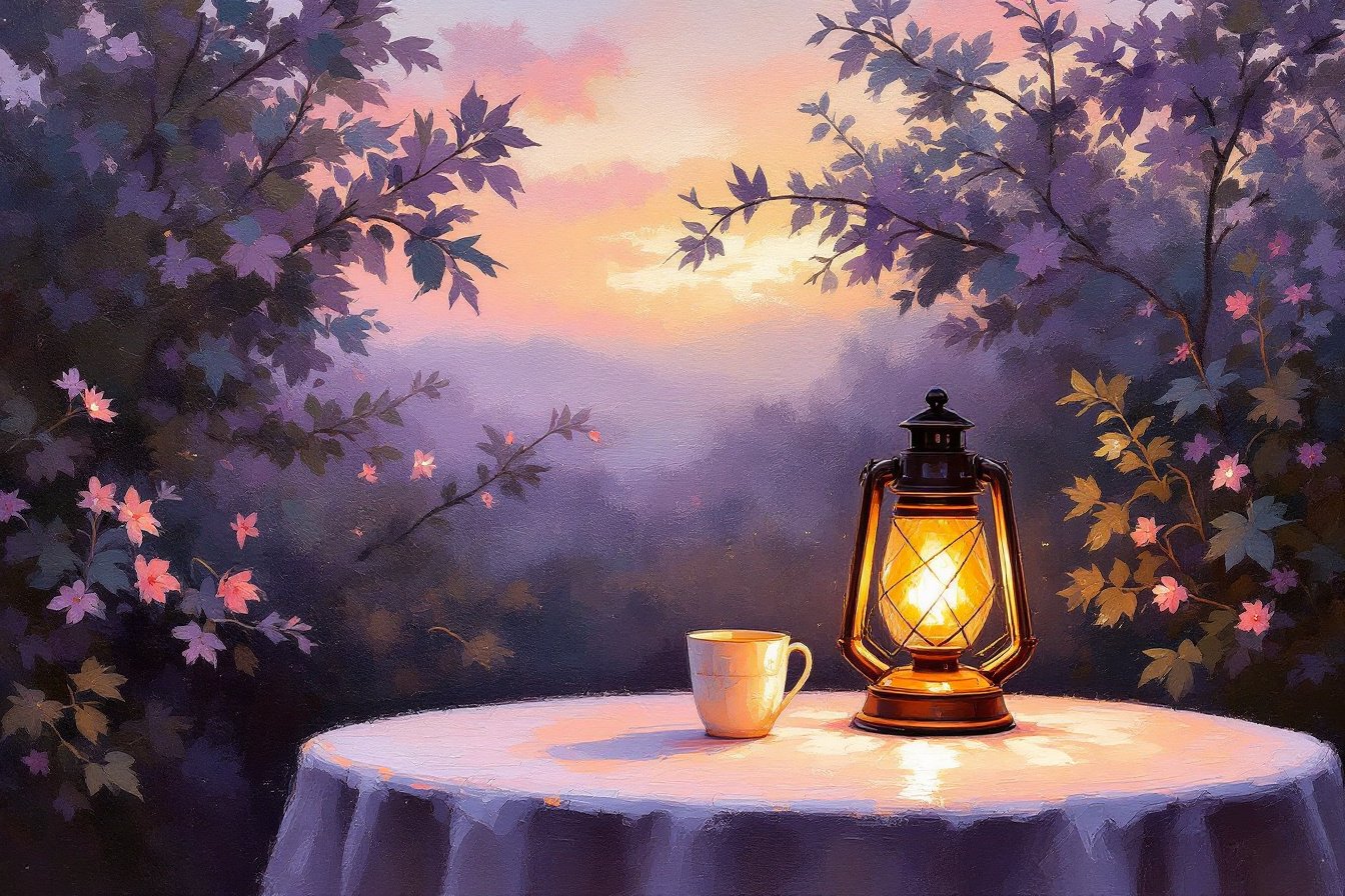 Impressionist painting of a single lantern glowing on a garden table at dusk