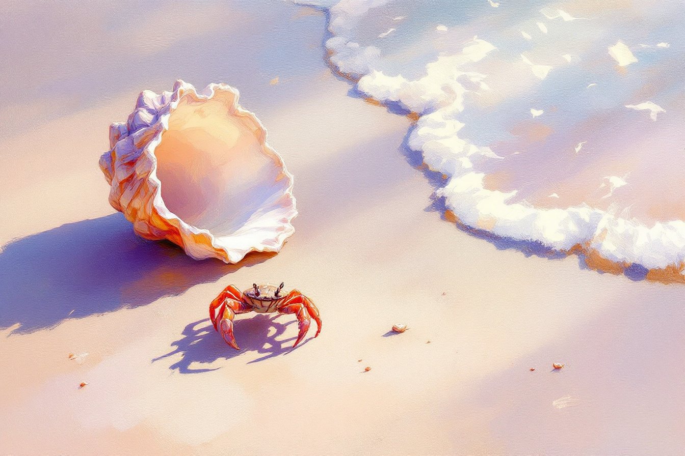 Impressionist beach where a hermit crab sits beside a larger shell to move into