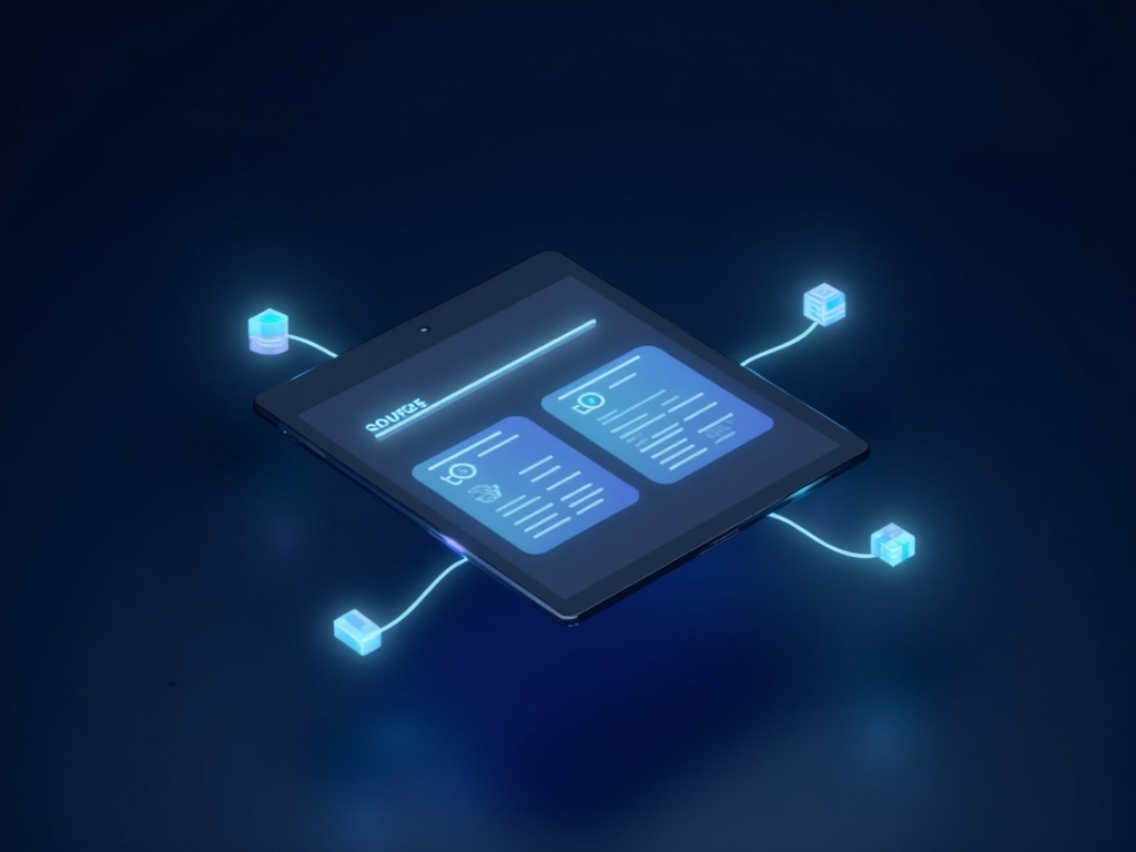 RAG concept render: a floating tablet showing a generated answer with three inline citation chips and a stacked sources panel below, connected by glowing blue lines to three floating source objects (a document, a database cylinder, a knowledge base) — the visual story of a sourced grounded AI answer