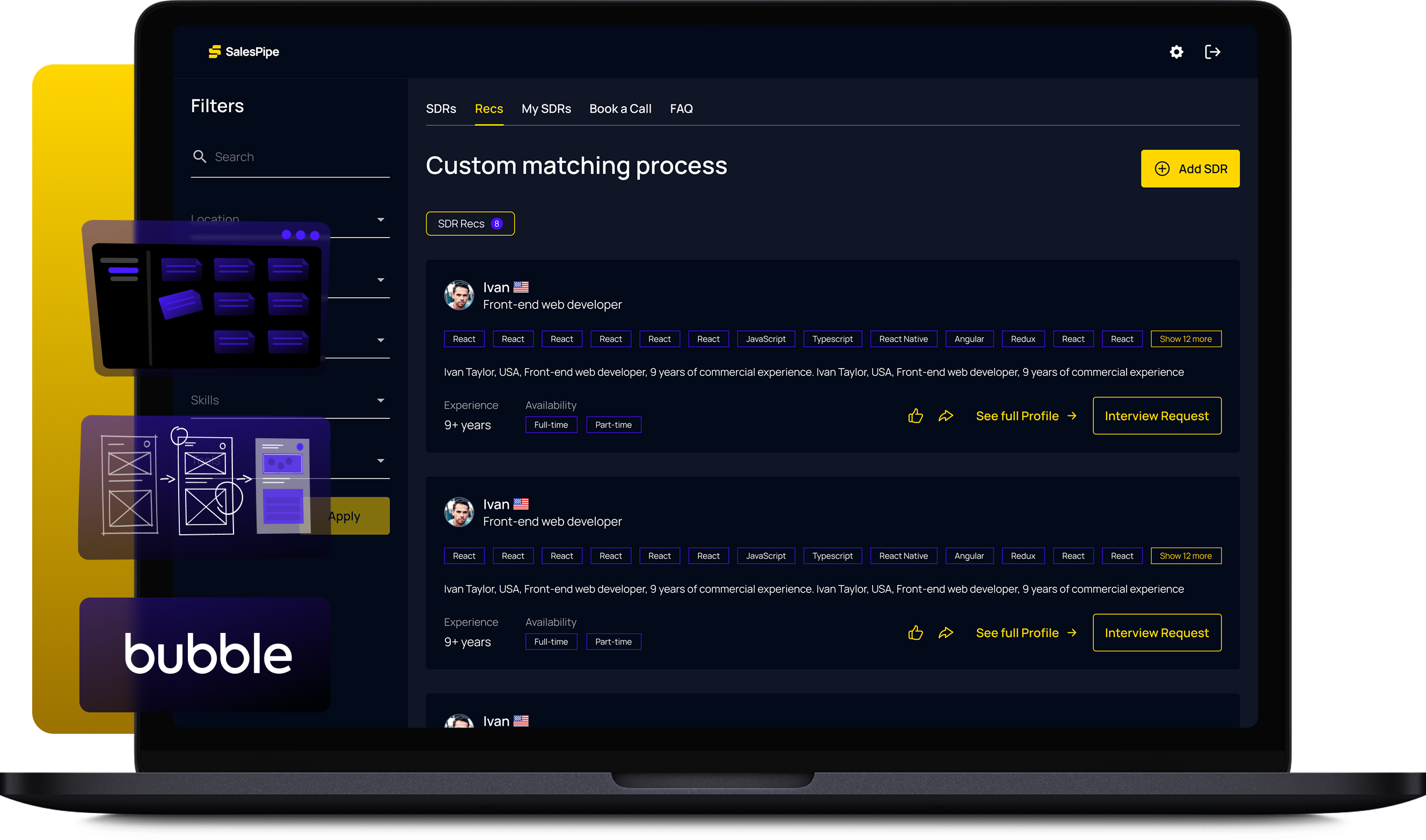 SalesPipe marketplace screen matching SDR reps with SaaS companies