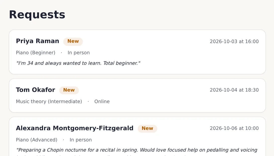 The same inbox cards with soft tinted status pills.