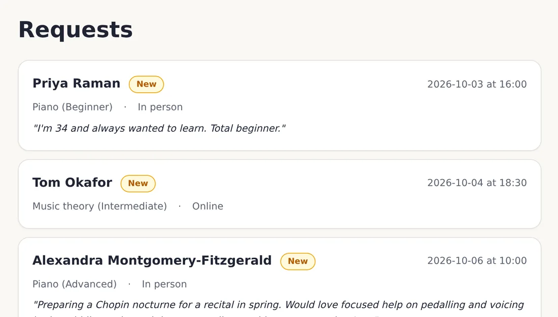 Teacher inbox cards with outlined New, Accepted and Declined status pills.