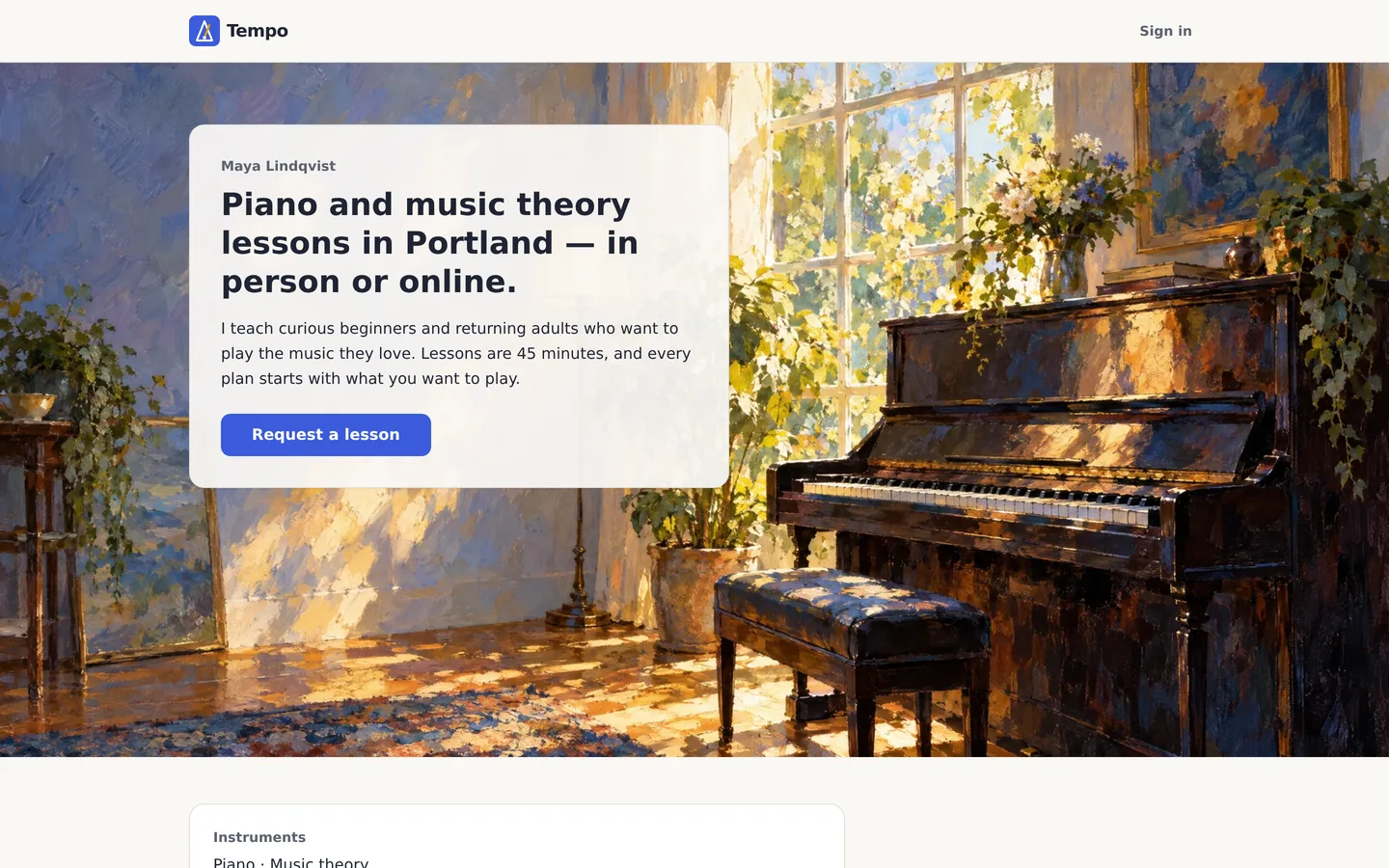 Tempo home page after the art direction: full-width impressionist painting of a sunlit piano studio with the headline on a translucent card.