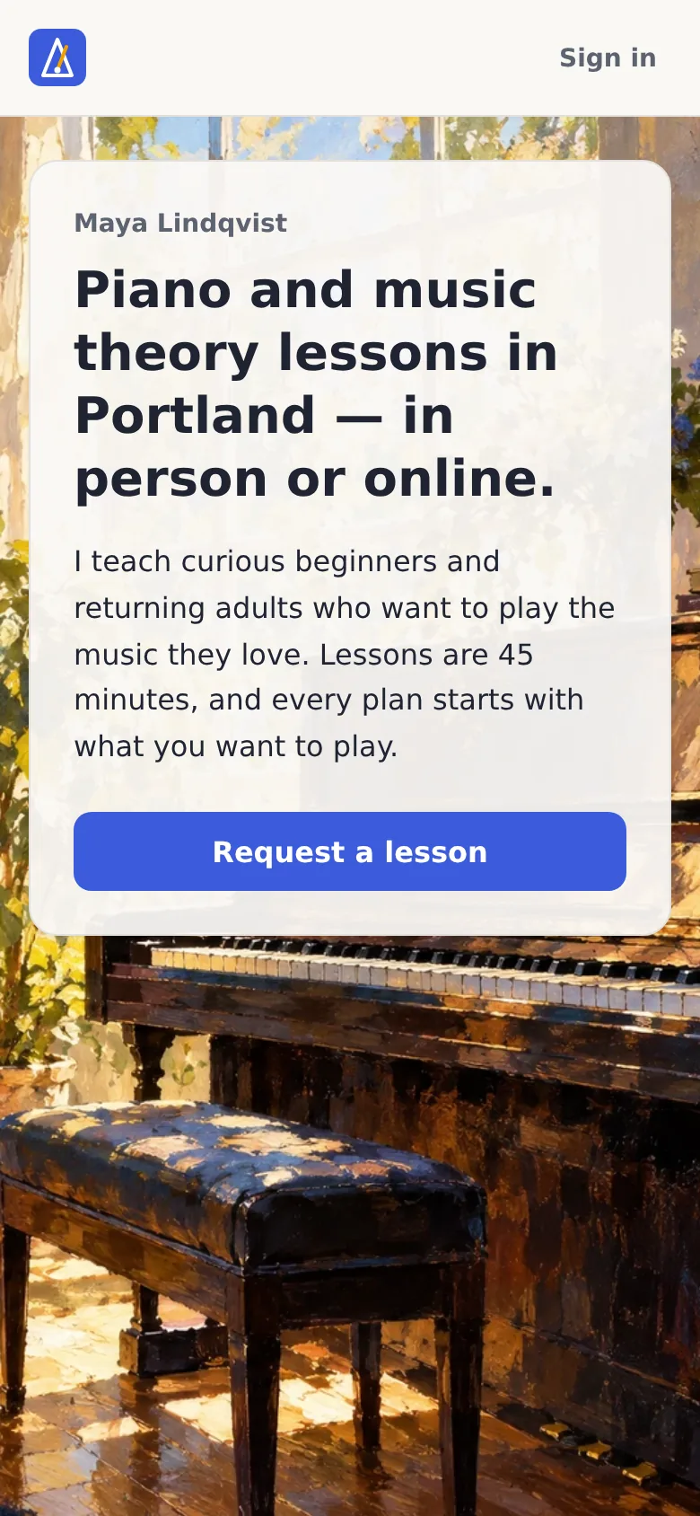 Tempo home on a phone after the redesign: painted studio background with the headline card and a full-width Request a lesson button.