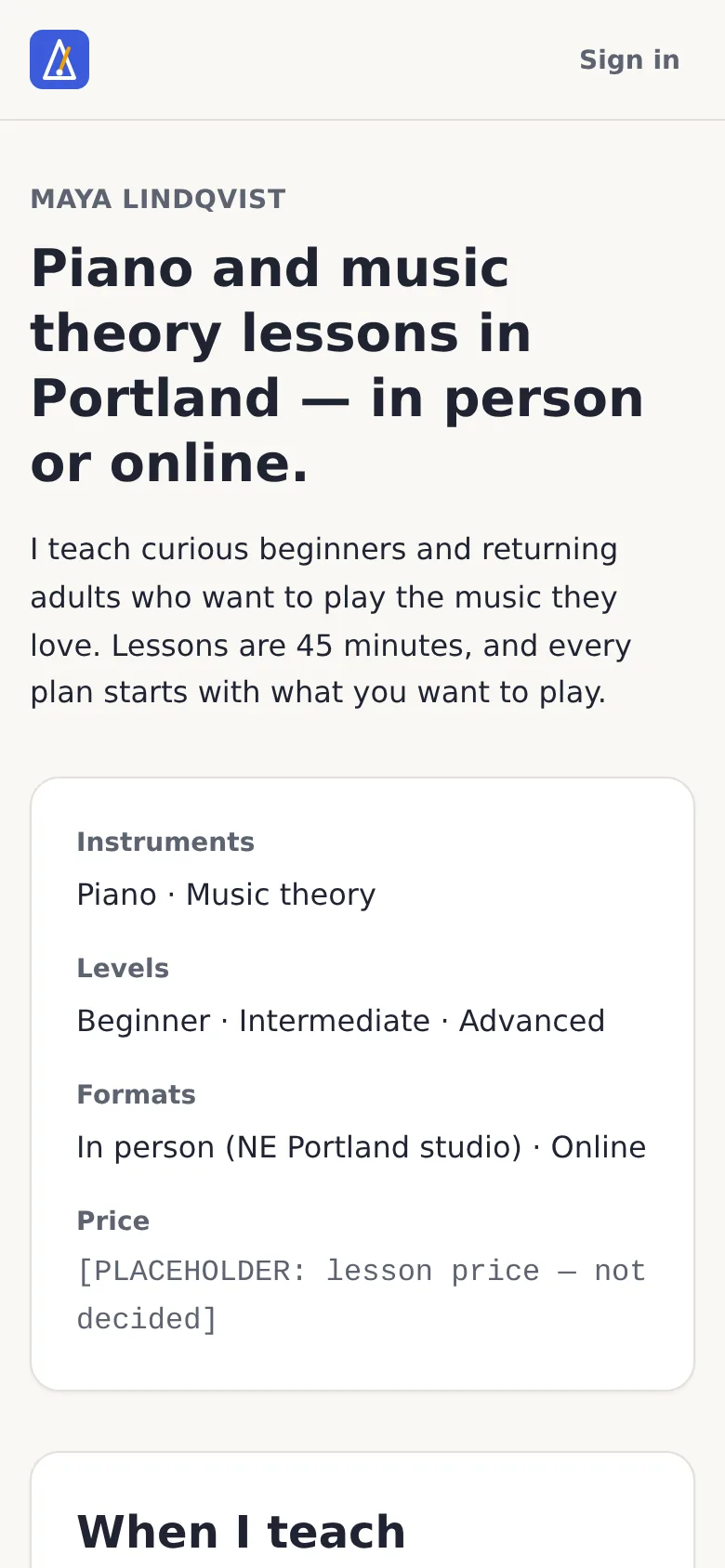 Tempo home on a phone, version 1: plain text and cards.