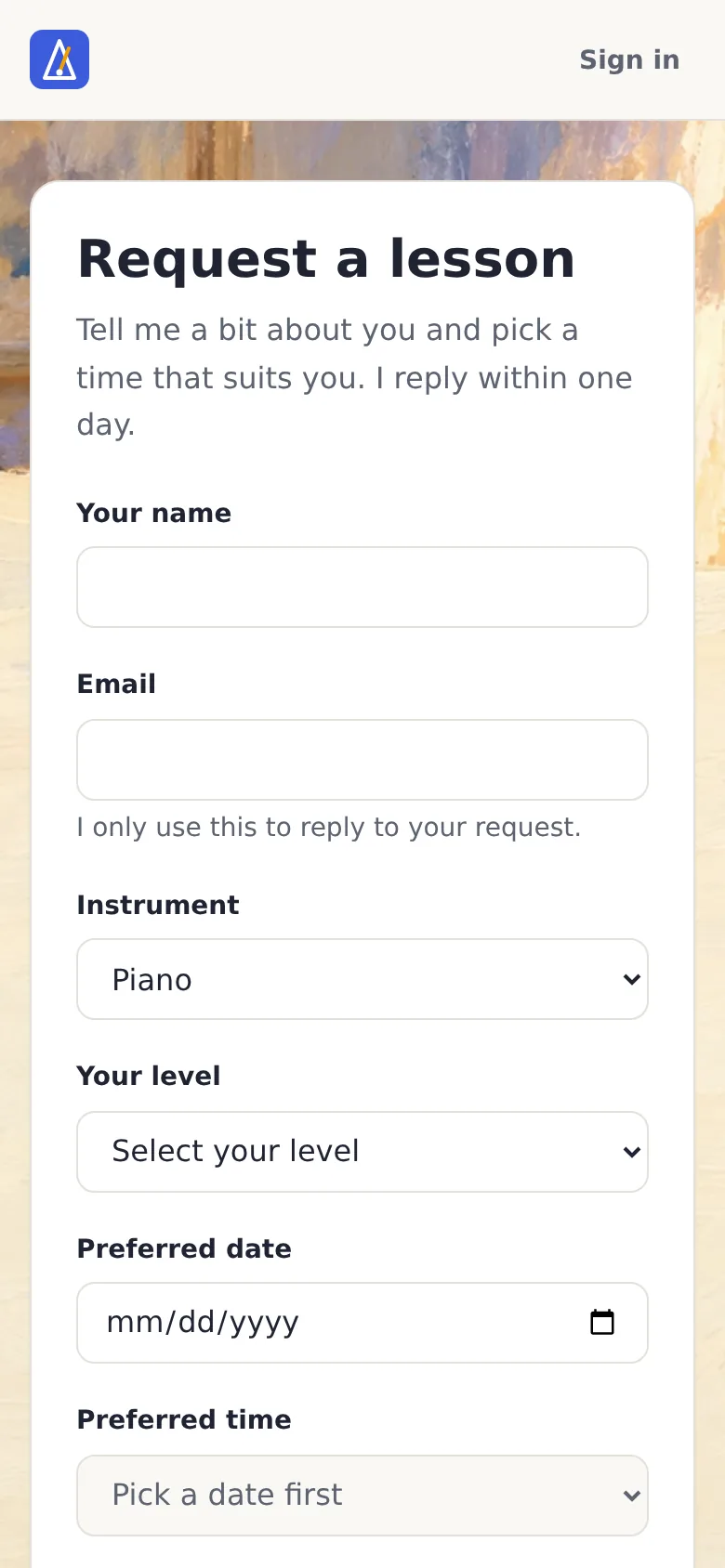Lesson request form after the redesign: the same opaque white form on a soft painted background.