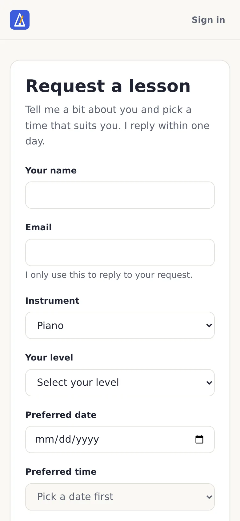 Lesson request form version 1 on a phone, plain background.